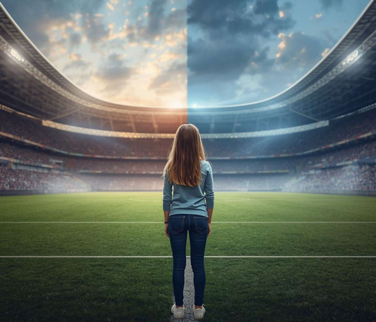 En flicka väljer mellan två olika fotbollsarenor