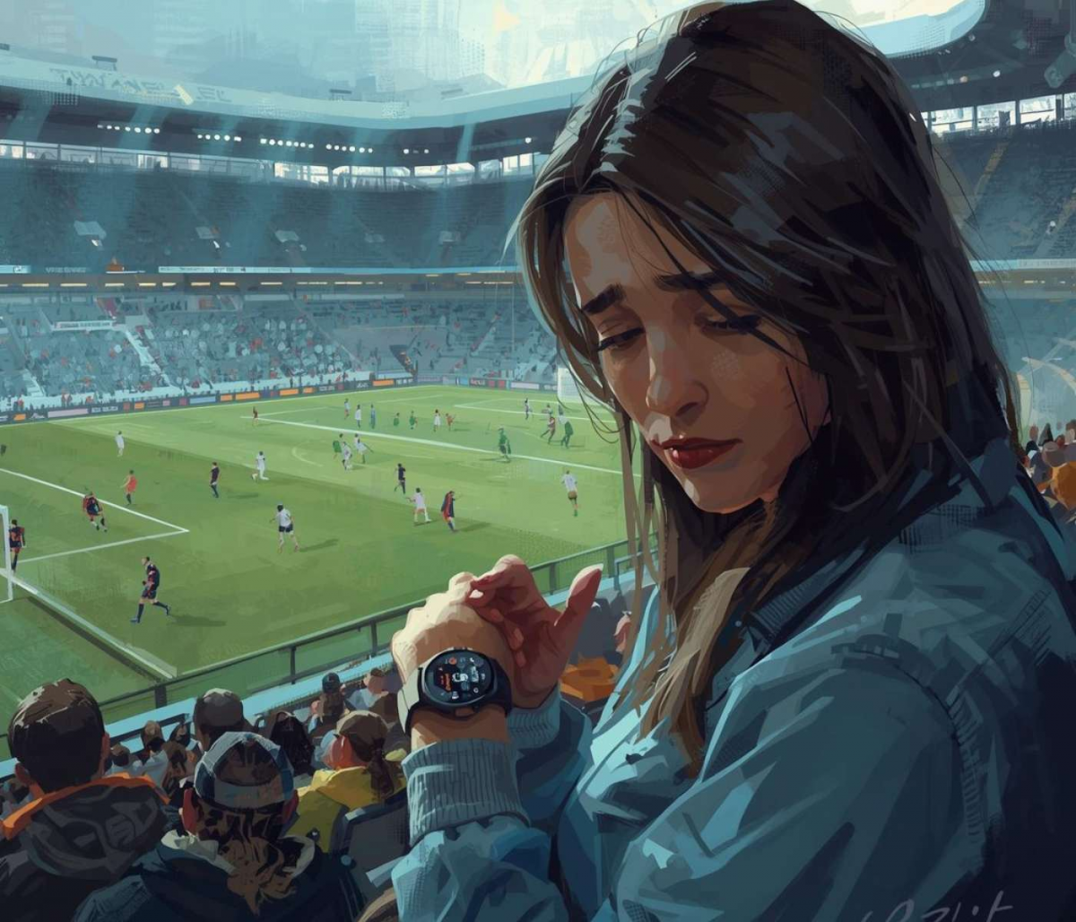 Kvinna tittar på sin klocka på fotbollsmatch - oljemålning